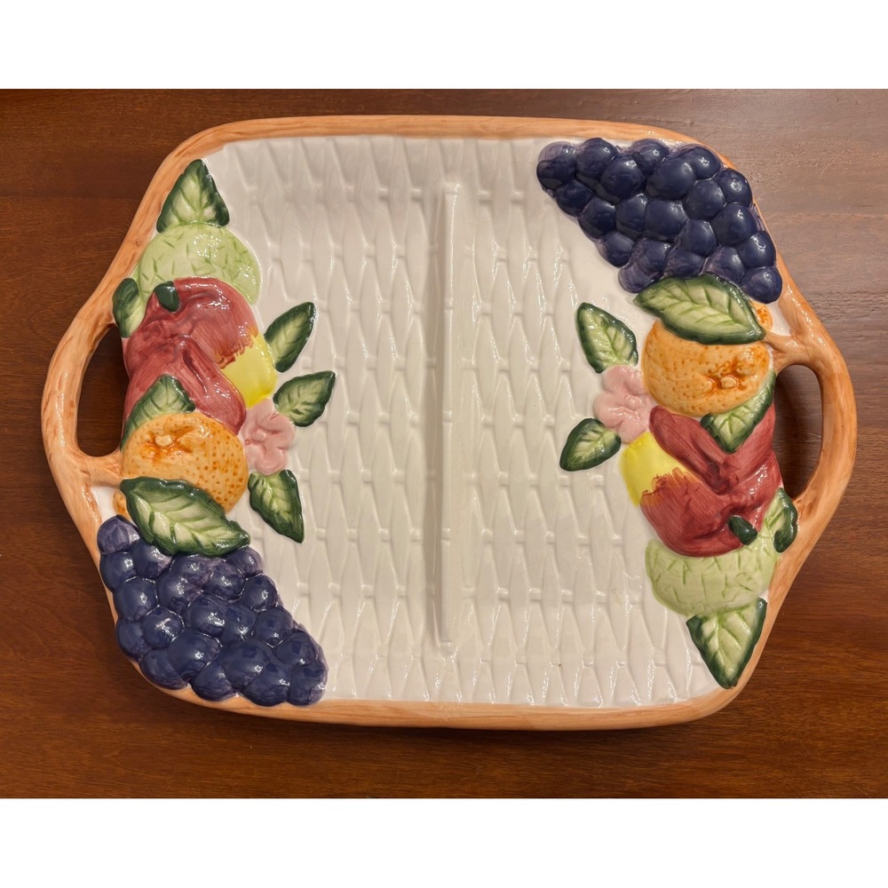 VTG Ceramic Divided Serving‎ Tray Fruit Grapes Oranges Basketweave Handles 1994